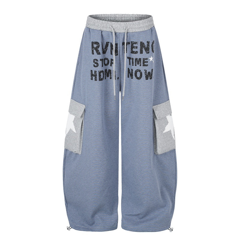 American-style streetwear harem pants Striped Contrast Pocket Baggy Cargo Bottoms