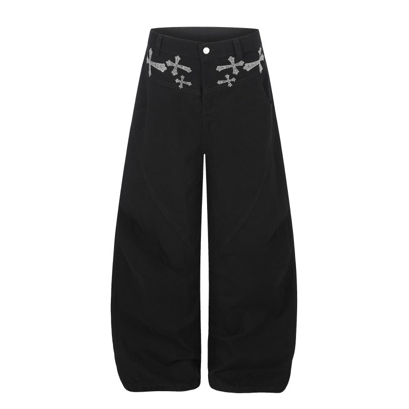 American-style streetwear harem pants Waist Cross Crystal Detail Draped Curved Pants