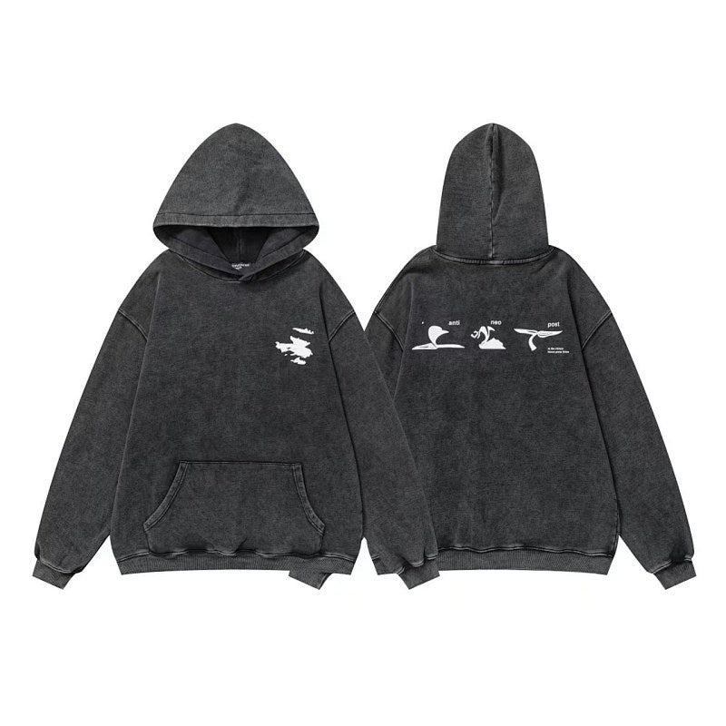 ERD Hoodie Retro Aged Soft Oversized Pullover Front Mini White Sketch Back Three Separated Outline Motifs