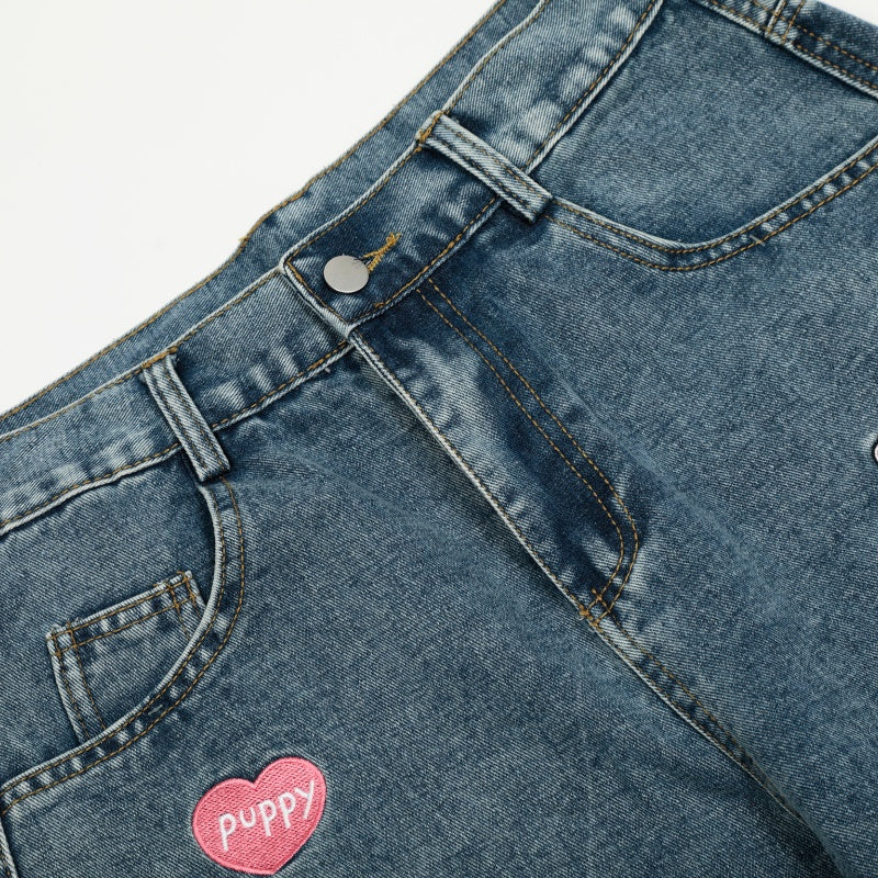 American-style streetwear harem pants Heart Sausage Dog Embroidered Wide Denim