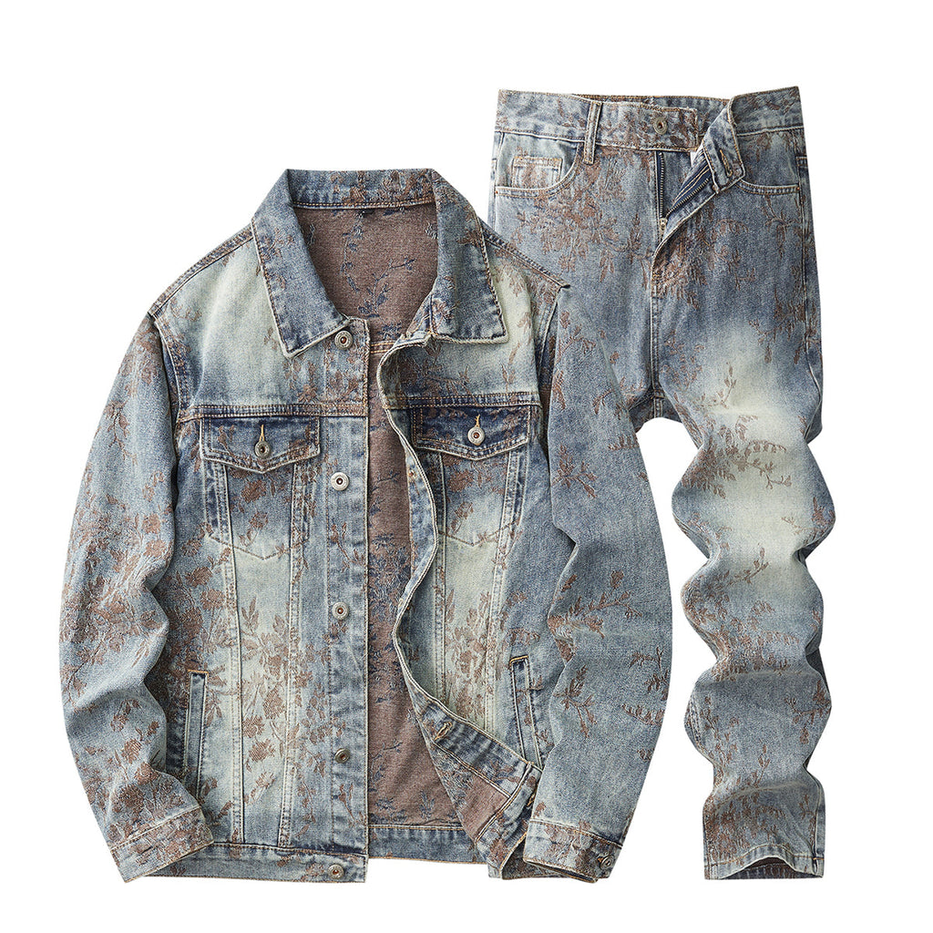 Denim Jacket & Jeans High-Street Trend Retro Casual Matching Botanical Graphic Trucker Jacket and Slim-Fit Pants Outfit(jacket and jeans must be purchased separately.)
