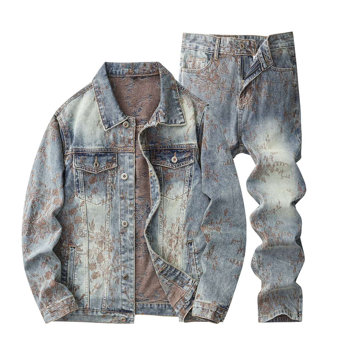 Denim Jacket & Jeans High-Street Trend Retro Casual Matching Botanical Graphic Trucker Jacket and Slim-Fit Pants Outfit(jacket and jeans must be purchased separately.)