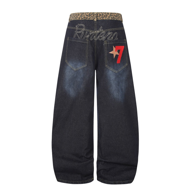 American-style streetwear harem pants Faded Leopard Waistband Relaxed Barrel Denim