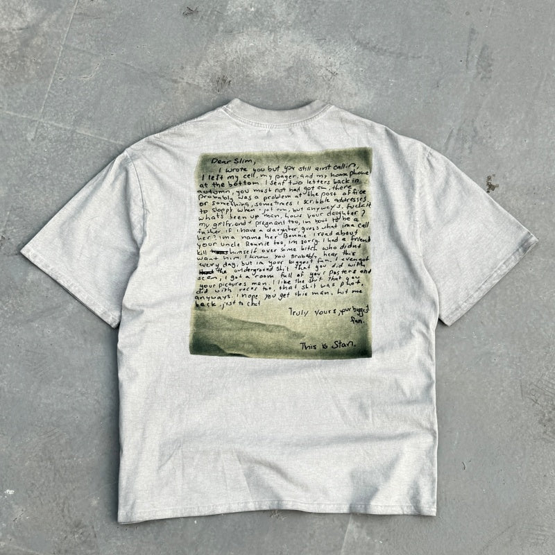 Unisex Vintage T Shirts Eminem "Stan" Letter Manuscript Limited Edition – Cement Grey T-Shirt featuring a special wash finish, custom heavyweight brushed fabric with a vintage feel, and direct-to-garment white ink printing.