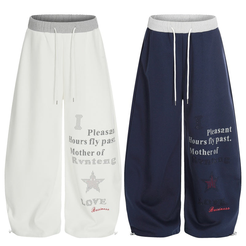 American-style streetwear harem pants Two-Tone Waist Typography Wide Curved Pants