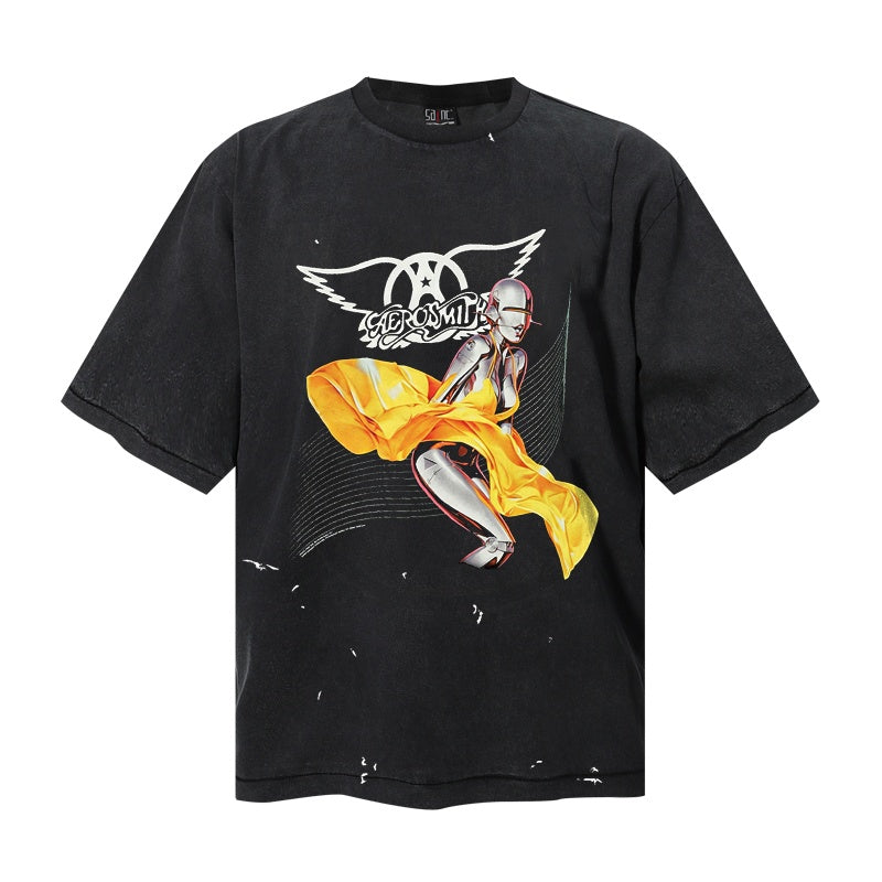 Saint Michael T Shirts  Distressed Splatter Wash Metallic Robot Woman Wing Symbol Retro Rock Art