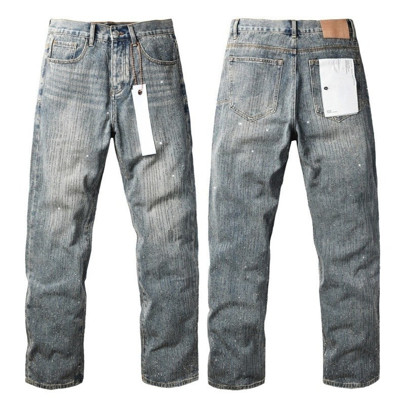 Purple brand Jeans High-quality pure cotton streetwear trousers Rhinestone-embellished loose straight-leg trousers