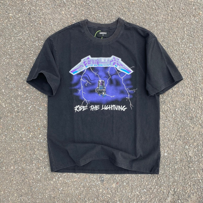 Unisex Vintage T Shirts METALLICA "Lightning Chair" Limited Edition Vintage-Style Washed & Distressed Tee