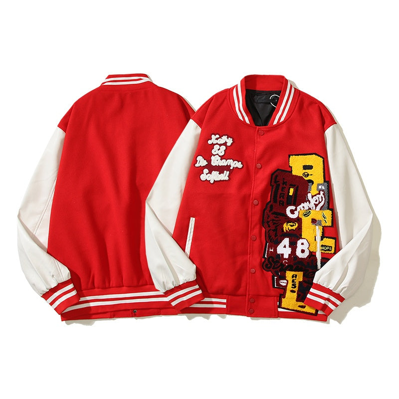 American-style baseball jacket Travis Scott Unisex Loose-Fit Varsity Jacket with Leather Sleeves and Terry Cloth Embroidery – Fall/Winter Casual Style