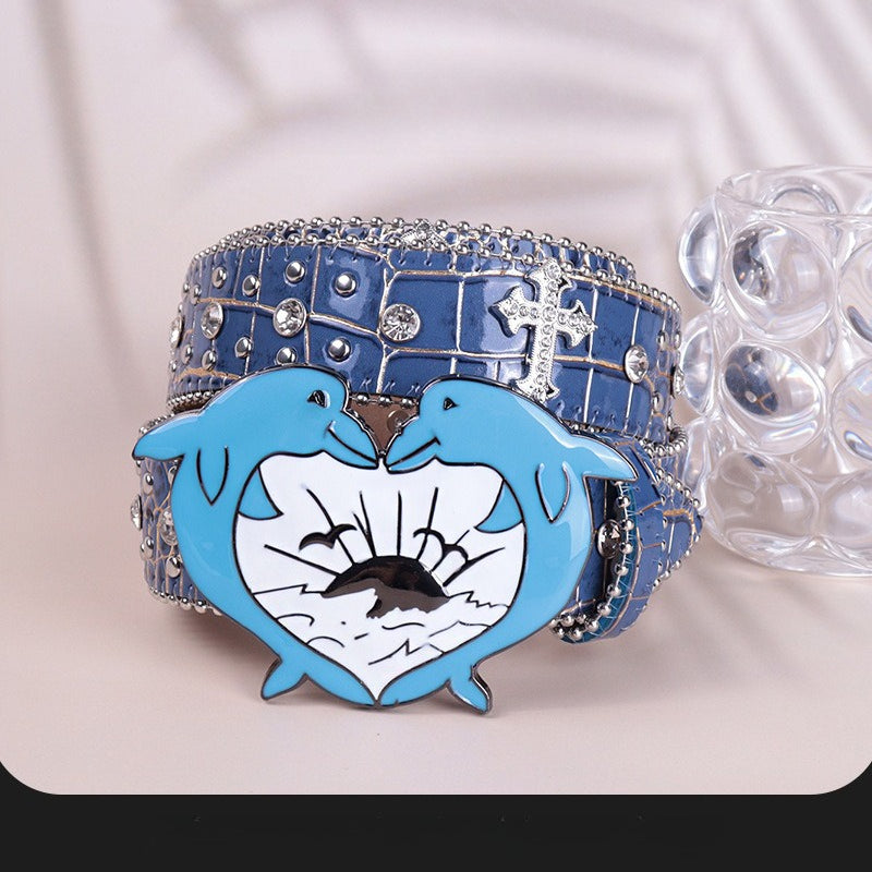 Hip-hop punk rhinestone belt heart plate buckle crocodile pattern belt