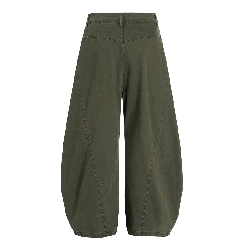 American-style streetwear harem pants Retro Khaki & Olive Script Embroidered Relaxed Bottoms