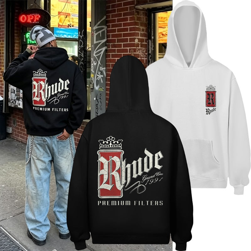 RHUDE Hoodie Streetwear Dual‑Print Crown Can Text Design