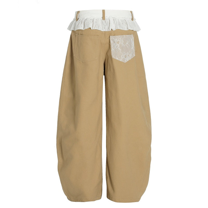 American-style streetwear harem pants Ruffle Lace Waist Wide Leg Trousers