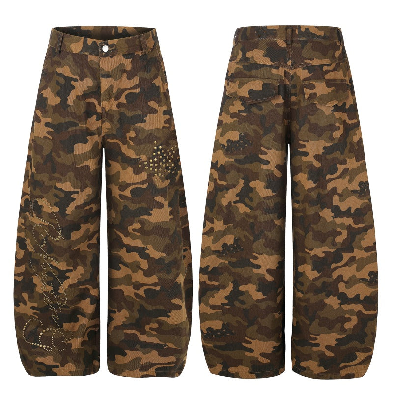 American-style streetwear harem pants Vintage Camo Stud Decor Wide Pants