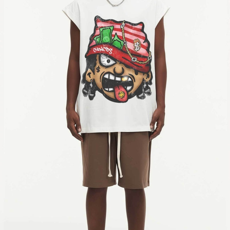 BIG FACE Drop-Shoulder Tank Top High-street vintage style featuring a small neckline, white-ink digital direct-to-garment (DTG) printing, and a heavy-duty, distressed wash finish; crafted from 260g double-yarn plain-knit fabric.