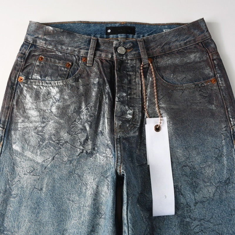 Purple brand Jeans High-quality pure cotton streetwear trousers Oil-finish loose straight-leg trousers