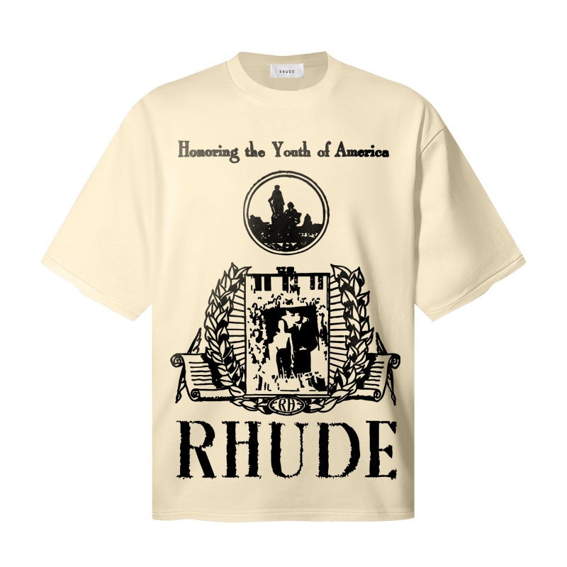 RHUDE T Shirts Old‑Script Typography Heritage Crest Print
