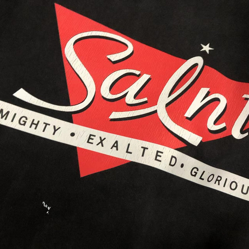 Saint Michael T Shirts Red Triangle With Cursive "Salnt" Front Print Design