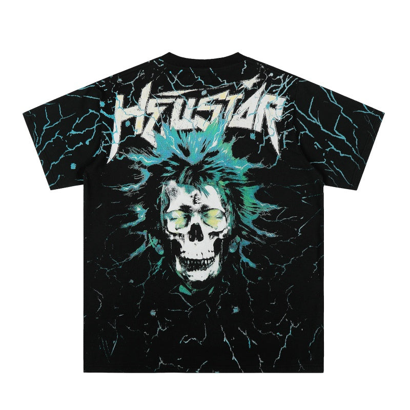 Vintage-style American T-shirt Cracked Teal Lightning Human‑to‑Skull Print