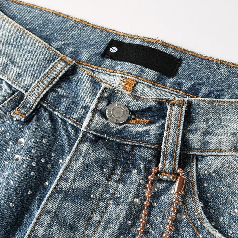 Purple brand Jeans High-quality pure cotton streetwear trousers Rhinestone-embellished straight-leg ripped jeans