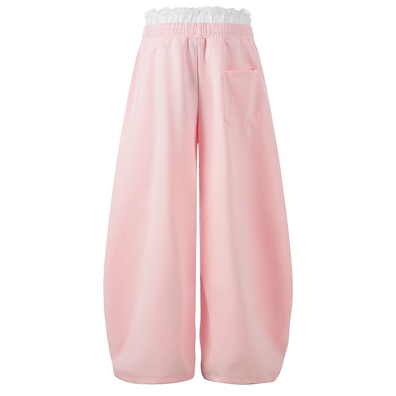 American-style streetwear harem pants Frill Waist Script Print Loose Curved Trousers