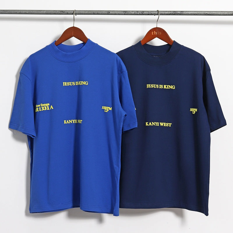 Mens T-shirt Vintage American-style Kanye "Jesus Is King" High-Street Oversized Drop-Shoulder Tee with Puffed Lettering (FOG Style)