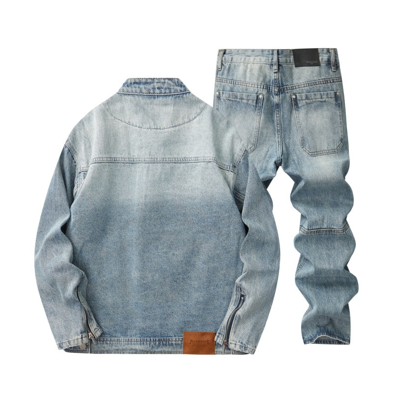 Denim Jacket & Jeans High-Street Trend Mens Y2K Streetwear Jacket Vintage Light Blue Washed Moto Biker Zip Front Casual Denim Outerwear (jacket and jeans must be purchased separately.)