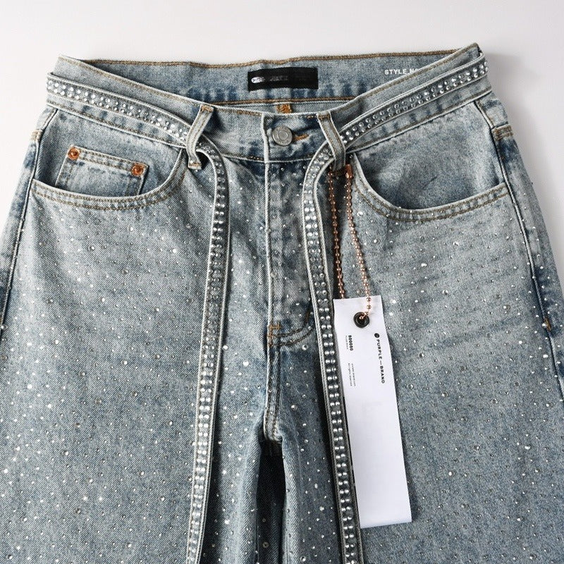 Purple brand Jeans High-quality pure cotton streetwear trousers Rhinestone-embellished loose straight-leg trousers Comes with a belt
