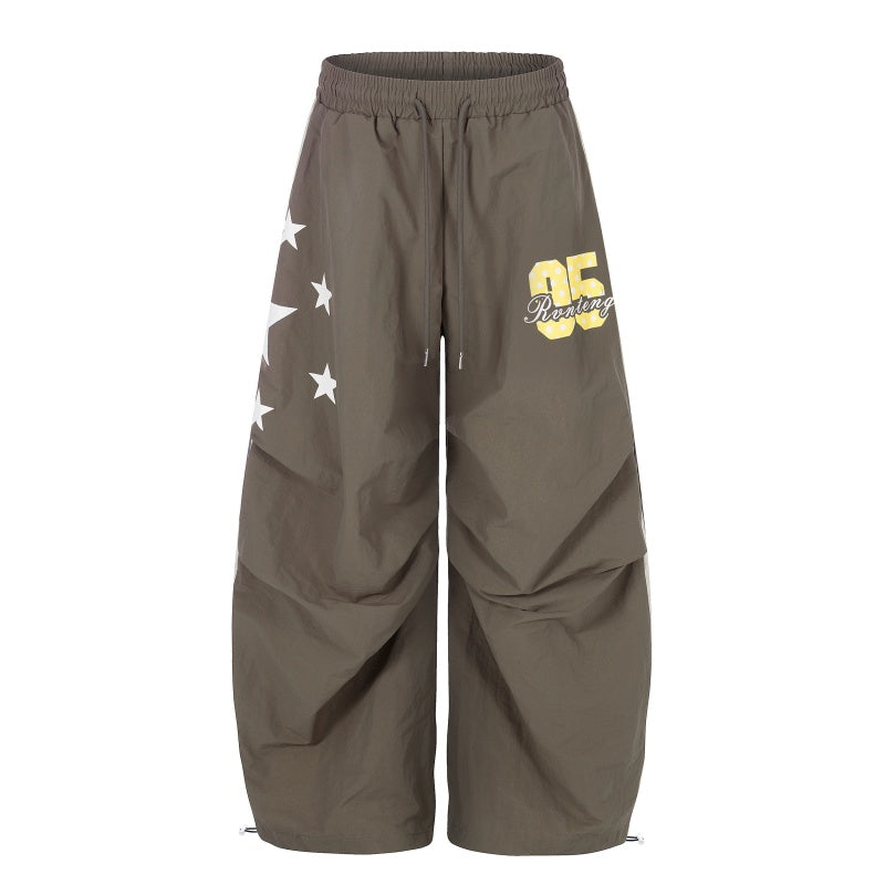 American-style streetwear harem pants Bright Star Number Gathered Wide Curved Pants