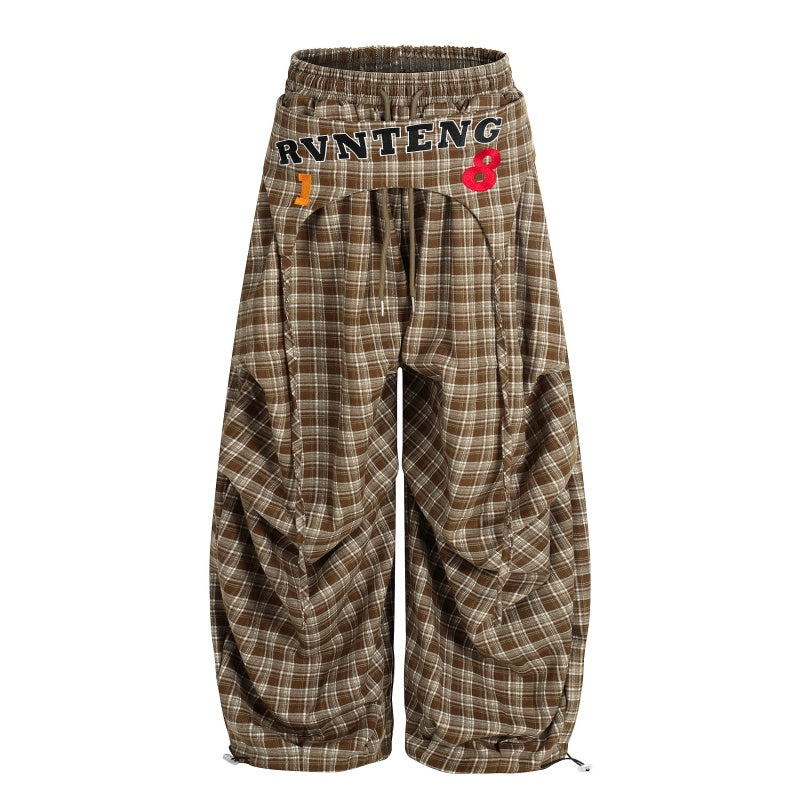 American-style streetwear harem pants Pleated Plaid Letter Number Wide Trousers