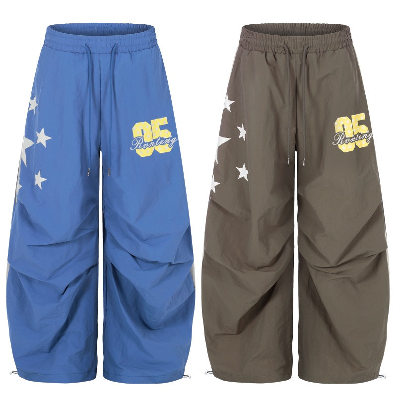 American-style streetwear harem pants Bright Star Number Gathered Wide Curved Pants