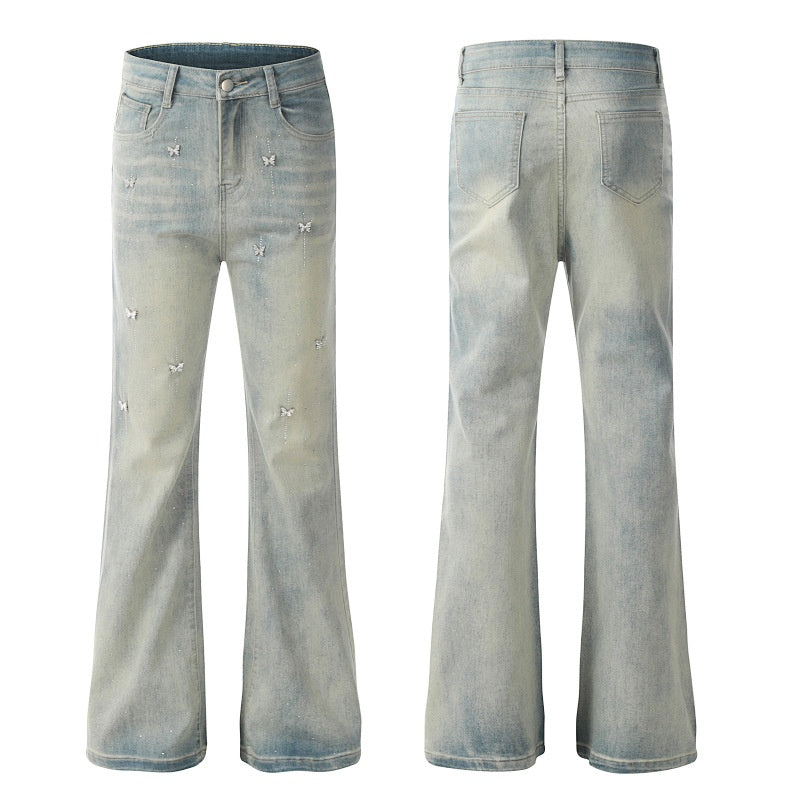 American-style streetwear harem pants Distressed Washed Butterfly Decor Wide Bootcut Trousers