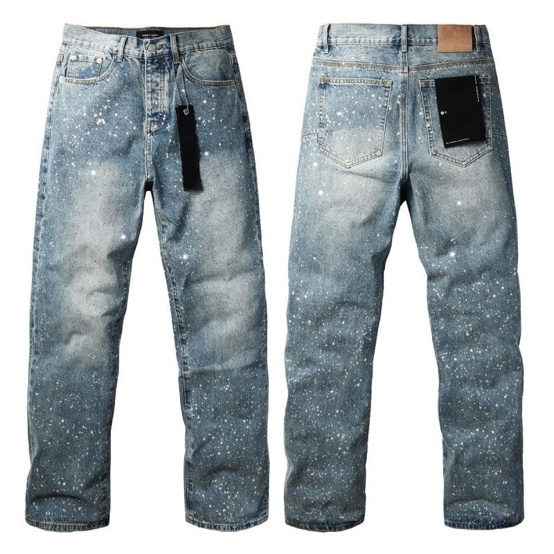 Purple brand Jeans High-quality pure cotton streetwear trousers Rhinestone-embellished loose straight-leg trousers