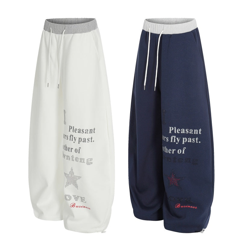 American-style streetwear harem pants Two-Tone Waist Typography Wide Curved Pants