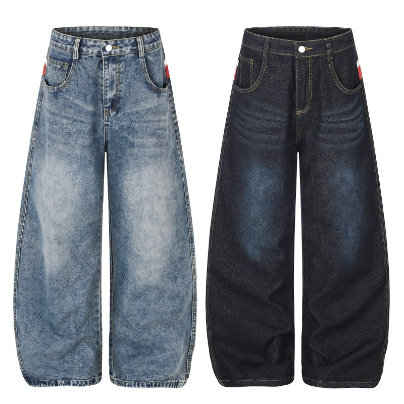 American-style streetwear harem pants Faded Washed Flag Detail Curved Barrel Trousers