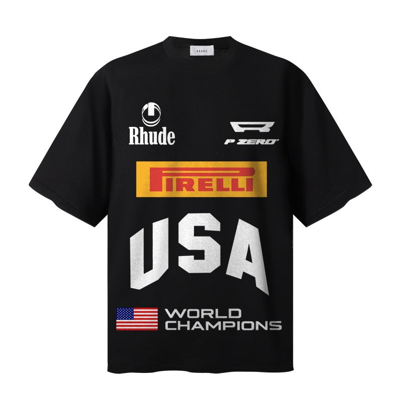 RHUDE T Shirts Vintage Race Flag Letter Motif