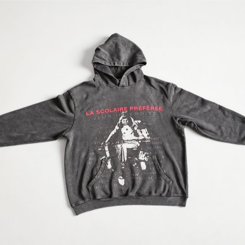 ERD Hoodie Vintage Washed Kangaroo Pocket Double-Sided Letter Portrait Slouchy