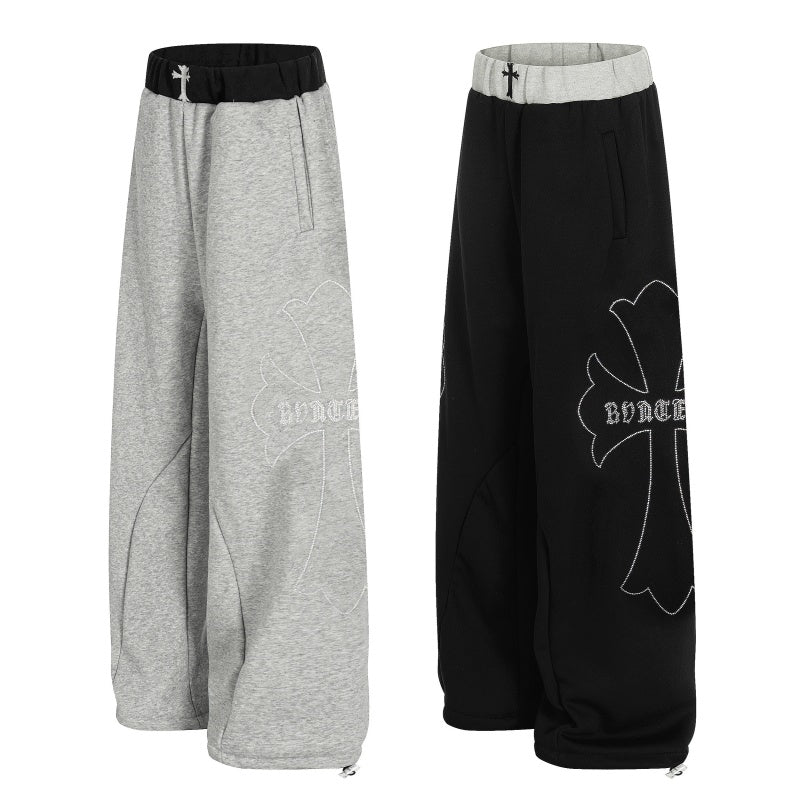 American-style streetwear harem pants  Cross Embroidery Street Trousers Fleece-lined and thickened