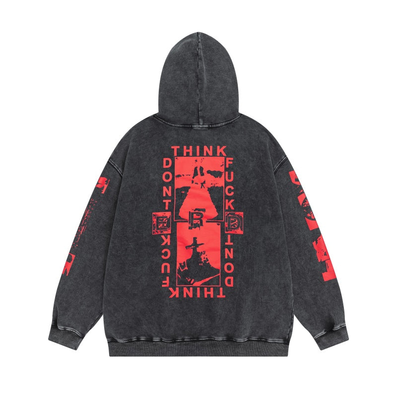 ERD Hoodie Stone Washed Dark Layer Front Red Geometric Figure Print Sleeve & Back Vertical Text Graphics