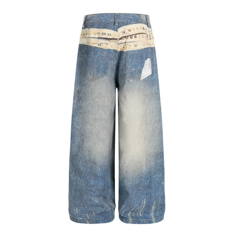 American-style streetwear harem pants Studded Belt Patch Gradient Wide Denim