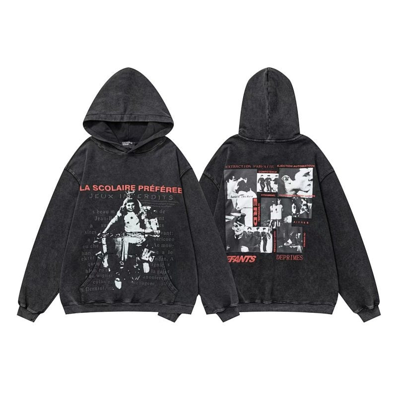 ERD Hoodie Vintage Washed Kangaroo Pocket Double-Sided Letter Portrait Slouchy