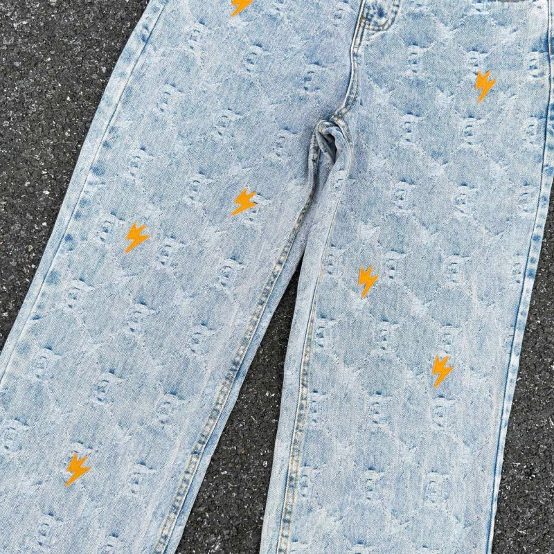 Lightning Pattern Jeans High-quality high-street pure cotton trousers