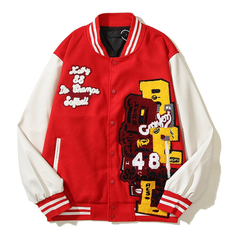 American-style baseball jacket Travis Scott Unisex Loose-Fit Varsity Jacket with Leather Sleeves and Terry Cloth Embroidery – Fall/Winter Casual Style