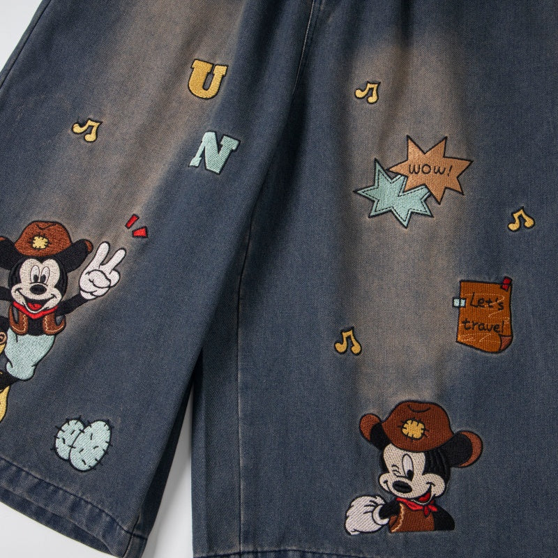 Street-style vintage Cropped trousers Retro Casual Hip Hop Patchwork Denim Jorts with Cute Character Embroidery
