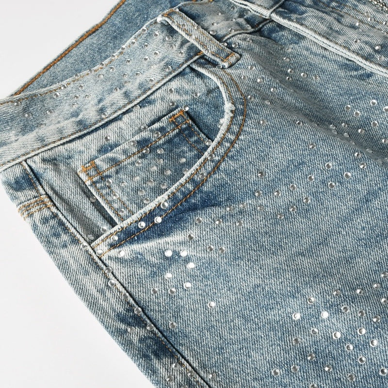 Purple brand Jeans High-quality pure cotton streetwear trousers Rhinestone-embellished loose straight-leg trousers