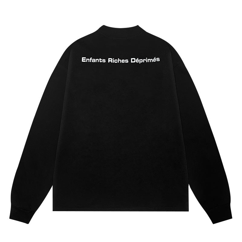 ERD Long sleeved shirt  Black Loose Top Bold Blue Letter Minimal Symbol Graphic