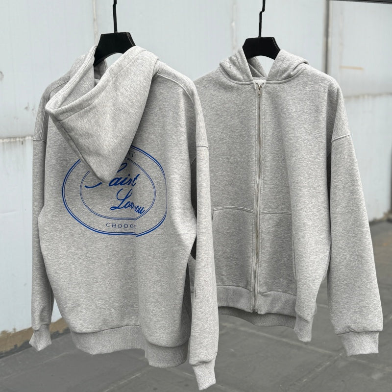Unisex Vintage Hoodie SAINT MICHAEL CHO Heather Grey American-style "Clean Fit" Zip-up Hoodie — Heavyweight, oversized silhouette offering a relaxed vibe, perfect for layering.