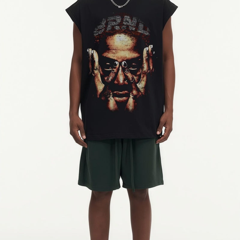 BIG FACE Drop-Shoulder Tank Top High-street vintage style featuring a small neckline, white-ink digital direct-to-garment (DTG) printing, and a heavy-duty, distressed wash finish; crafted from 260g double-yarn plain-knit fabric.