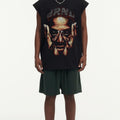 BIG FACE Drop-Shoulder Tank Top High-street vintage style featuring a small neckline, white-ink digital direct-to-garment (DTG) printing, and a heavy-duty, distressed wash finish; crafted from 260g double-yarn plain-knit fabric.