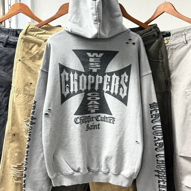 Unisex Vintage Hoodie Saint "West Coast Chopper" Limited Edition Washed & Distressed Hoodie – Featuring multi-zone handcrafted distressing and a heavyweight fabric with an enzyme-milled, faded wash finish.